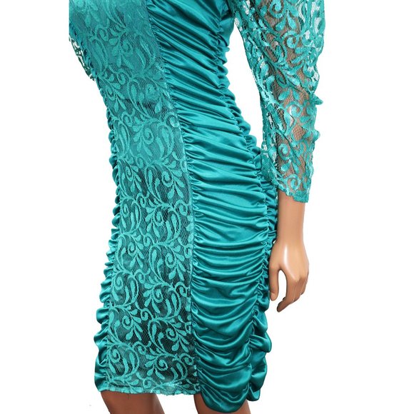 Mavens of California Vintage Body Con 80s Ruche Party Dress Puff Lace Sleeve 7 - Picture 4 of 10